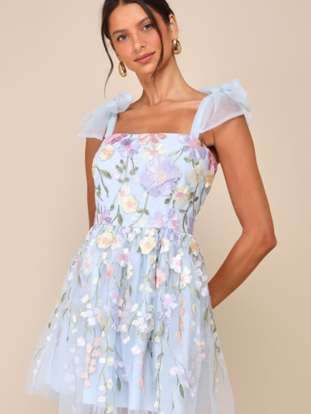 Lulus Classic Romance Blue 3d Floral Applique Tie-strap Mini Dress - Size M